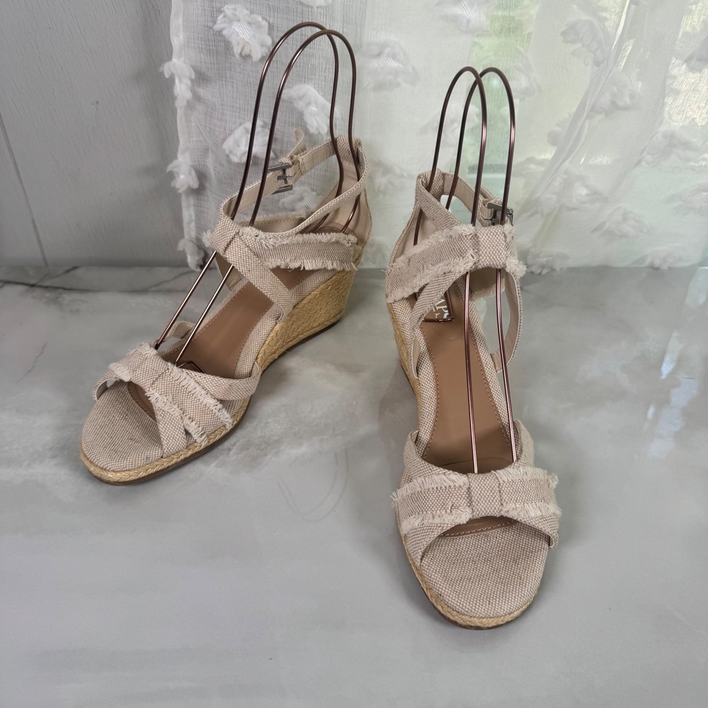 Chaps Tan Espadrille Wedge Sandals Frayed Edges Ankle Strap Cruise Resort 7.5 B